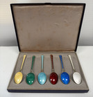 Vtg Spoon Set  6  Enamel Gilt Sterling Silver Danish Denmark Mcm Demitasse 925