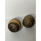 2 Vintage Style Ceramic Decor Ball Orbs Filigree Metal Caps Green Tan