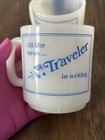 Vintage Glass Bake Traveler In Writing Coffee Cup Mug Set Of 2 Rare     