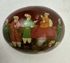 Vintage Hand Painted Lacquer Paper Mache Egg Shaped Trinket Box Figural Scene