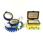 Vintage Hinged Ceramic Trinket Pill Box Lot Of 2 Blue Teapot Yellow Chair