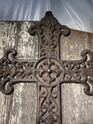 Vintage Cast Iron Wall Cross Patina Finish Rustic  16x13 In Mounted On Wood