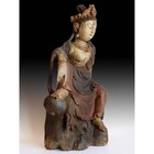 Antique Chinese Carved Polychrome Goddess Guan Yin Wood Buddha Statue 22 h             