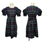 Vintage Kate Greenaway Frock Plaid Puff Sleeve Dress Green Navy Red Kids