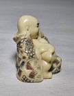 Vintage Netsuke Hotei W  Akita Plastic Resin Figurine Signed Collectibles 2x1 5