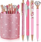 8 Pcs- Ballpoint Pens With Glitter Pen Holder For Desk Metal Crystal Diamond