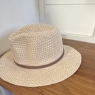 Women   s Beige Straw Wide Brim Sun Hat W  Brown Tie Strap  One Size Beach