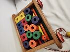 Vintage Playskool Wooden Pull Toy Wagon Filled With Blocks   Rods 21 Pcs