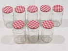 8-empty Mixed Jam Glass Jars With New Red   White Lid Fruit Design     Lot  6