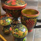 Lot 9 Piece Russian Wooden Khokhloma Vintage  Painted Red Gold Blk Ussr Art