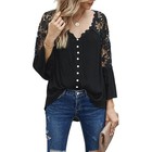 Women s Lace V-neck T Shirt Loose Casual Blouse 3 4 Sleeve Summer Tunic Tops Tee