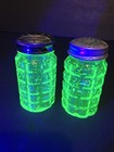 Waffle Uranium Glass Salt   Pepper Shakers Set Vintage With Lids  Mismatched