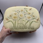 Sewing Basket Lidded Daist Pattern Vtg 70s Yellow White Natural
