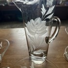 Rare Vintage Rose Etched Glass Cocktail Pitcher Martini   4 Glasses  Mcm Barware