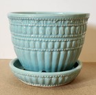 Vintage Mccoy Beaded ribbed Aqua Blue Green Flower Pot Planter W saucer Usa