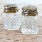 Vintage Mini Glass Salt   Pepper Shakers Set Metal Lids Square Shap 50s 60s