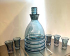 Liquor Cordial  Lidded Decanter  5  Shot Glass Set Vintage Blue Clear