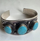 4  Allo    Vintage Native American Navajo Silver Turquoise 3 Stone Cuff Bracelet