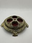 Vtg Gold Tone Filigree Metal 4 Space Footed Lipstick Holder Red Rose Accent