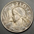 Rare 1925 Poland 2 Zlote Philadelphia Mint No Dot  750 Silver Parchimowicz 109e