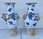 A Pair Of Large Exquisite Rare Antique Chinese Raised Relief Dragon Vases