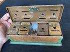 Vintage Tin Litho Metal Wood Grain Green Coin Bank Safe Box Keys No Lock As Is