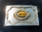 Silver Plated Tiger s Eye Western Style Belt Buckle 4  Long 3 7 Oz