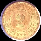 Mauritius 1923  2 Cents  Old World Coin Ch  Bu Much Original Luster  0811