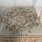 Vtg Sewing Basket Azar Hard Woven Tapestry Floral Wicker Square Case W supplies