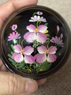 Black Lacquer Wood Floral Trinket Box 3  Round Hand Painted Flowers Jewelry Vtg