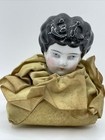 Antique German Porcelain Half Doll Pin Cushion Black Finger Wave Gold Silk 1920s