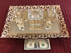 Vintage Vanity Set Metal Footed Frame Mirror Tray 2 Perfumes Powder trinket Box 