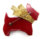 Vintage Bakelite Scottish Terrier Scotty Dog Gold Bow Pin Red Amber Carved