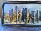 Vintage Mcm 1960   s Mid Century Modern Cityscape Oil Painting By C  Rogers