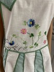 Vintage Apron Full Bib Hand Embroidered Flowers Green Piping  50 