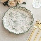 25 White Sage Green 10  Floral Leaf Print Paper Plates Scalloped Rim Party Event