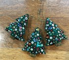 Set Of 3  Ornate Green Felt Handmade Christmas Tree Ornaments  Beads   Sequins