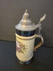 German Beer Stein Pewter Lid Zum Andenken Floral Porcelain Mug Cobalt Blue Band