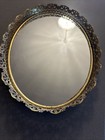 Vintage Oval Ornate Gold Metal Trimmed Mirror Vanity Tray Hollywood Regency 