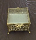Vintage Large Gold Gilt Ormolu Filigree Square Beveled Glass  Footed Jewelry Box