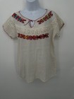 Mexican Peasant Blouse Ivory White Hand Embroidered Flowers Manta Sheer M Gauzy
