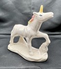 Ceramic Unicorn Statue Figurine White Irridescent Glaze Rainbow Mane Tail 6 