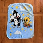 Vintage  99 Baby Looney Tunes Sylvester Tweety Bird Blue Plush Blanket 42x31 Euc