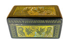Vintage Mexican Yellow   Black Hand Carved Lacquer Box  Birds   Plants Olinala