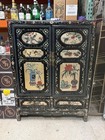 Chinese Black Wood Cabinet  Hand-painted Floral   Bird Panels  2 Doors Drawers