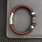 Fashion Vintage Brown Pu Leather Mens Bracelet Multilayer Stainless Steel Bangle