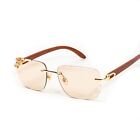 Men s Rimless Tan Gradient Tint Hip Hop Vintage Gold Frame Woodgrain Sunglasses