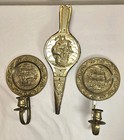 Embossed Hammered Brass Set Sconces Leather Fireplace Bellow England Vtg Antique