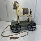 Vintage White Wooden Horse On Cart Pull Toy