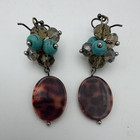 Silver Tone Turquoise Blue Round Bead   Crystal Brown Oval Drop Earrings Hook